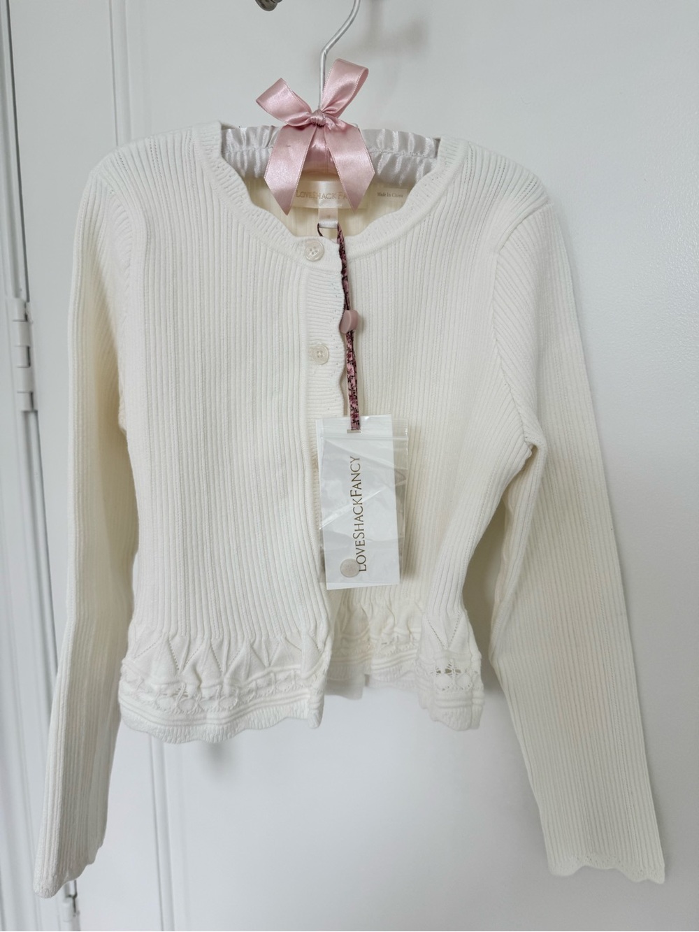 LoveShackFancy Cream Ribbed Knit Cardigan with Decorative Hem for little kids
